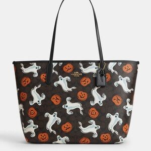 NWT Coach City Tote Bag With Pumpkin Halloween Print CCE69 In Walnut Black